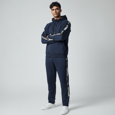 Navy Blue Fleece Tape Logo Zipper Hoodie